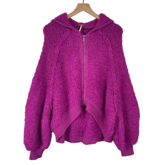 Free People Furry Time Hooded Jacket XS Cozy Sherpa Teddy Coat Zip Up Hot Pink - Picture 1 of 11